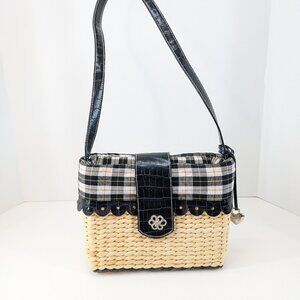 Kaela Straw and Fabric Handbag Black Plaid Beige Straw with Silver Heart Charm